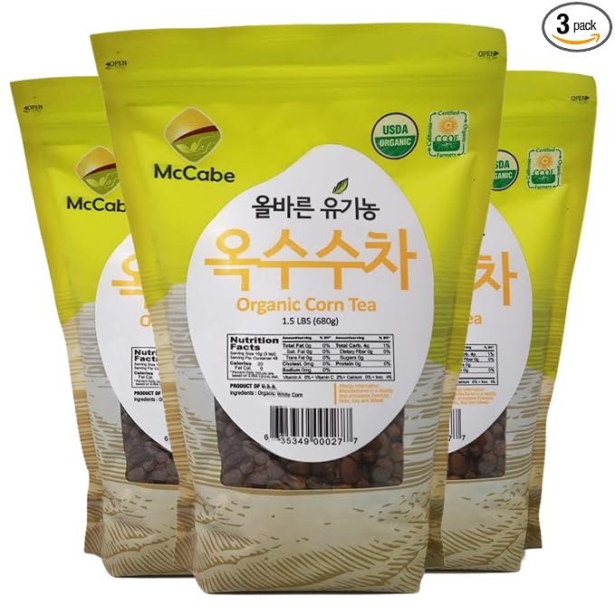 McCabe Organic Corn Tea - Roasted Corn Tea | USDA and CCOF Certified | Non-GMO Whole White Corn | Roasted and Packed in USA | 1.5 lbs (24 Oz) Pack of 3