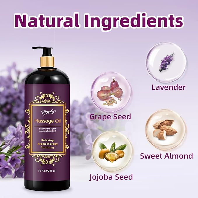 Pjordo Aromatherapy Lavender Massage Oil, Massage Oil for Massage Therapy, Calming, Soothing, Relaxing, Spa Gifts for Him Her, 10 Fl Oz