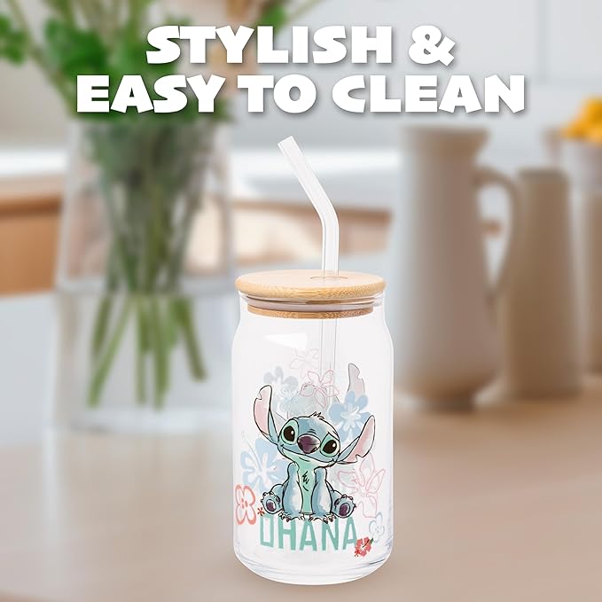 Silver Buffalo Disney Lilo and Stitch Ohana Floral Glass Jar Tumbler with Bamboo Lid and Glass Straw, 16 Ounces