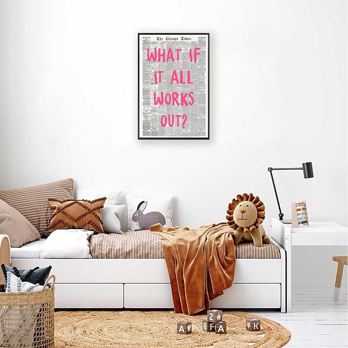 What If It All Works Out Poster Retro Newspaper Pink Font Canvas Wall Art Positive Affirming Quote Minimalist Prints Painting For Home Bedroom Dorm Wall Decor 12x16in Framed