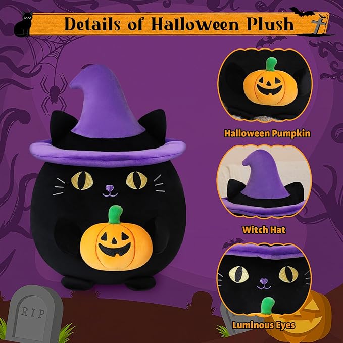 Halloween Pumpkin Cat Plush Toy, Black Cat with Pumpkin and Witch Hat for Home Decor, Halloween Party Gifts for Kid (Pumpkin Cat, 10 Inch)