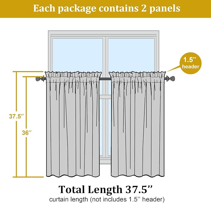 OWENIE Short White Sheer Curtains 36 Inches 2 Panels Set - Kitchen Tiers Valances Curtains Light Filter Rod Pocket Voile Cafe Curtains for Kitchen Bathroom Small Half Window, 42 in W x 36 in L