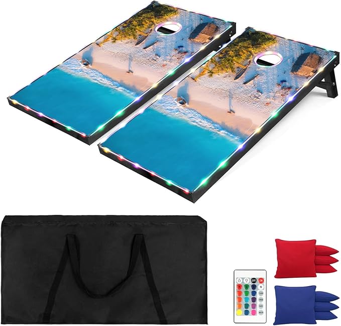 LED Cornhole Set, 3 x 2ft / 4 x2 ft Cornhole Board Game Set, Corn Hole Outdoor Game, Multi-Design with Light-Up Border, 8 Bean Bags, Carrying Case for Backyard, Beach, Lawn