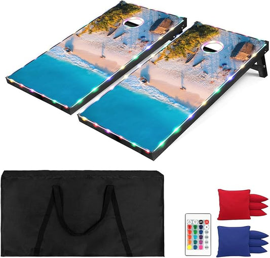 LED Cornhole Set, 3 x 2ft / 4 x2 ft Cornhole Board Game Set, Corn Hole Outdoor Game, Multi-Design with Light-Up Border, 8 Bean Bags, Carrying Case for Backyard, Beach, Lawn