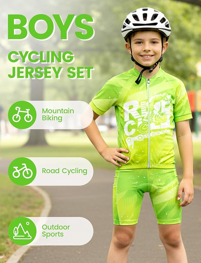 Gogokids Boys Cycling Jersey Set 3D Padded Bike Suit Kids Road Mountain Riding Shorts Bicycle Sportswear for 7-14Y
