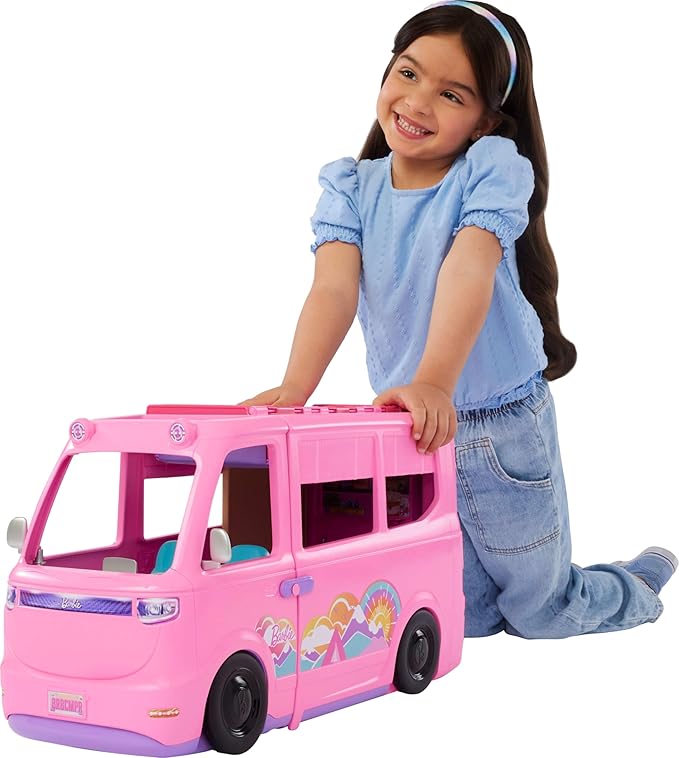 Barbie Dream Camper New for 2025 Playset with Roof Tent, Swing Chair, Fishing Pond, BBQ Grill with Color-Change Feature & 60+ Accessories Including Dough