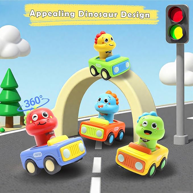 Pbooo Press to Go Toddler Toy Cars, Dinoaur Car Toys for Toddlers 1-3, Kids' Play Vehicles and Race Cars, Push Go Cars for 6-12-18 Month, Ideal Christmas and Birthday Gift for 1-2 Year Old Kids