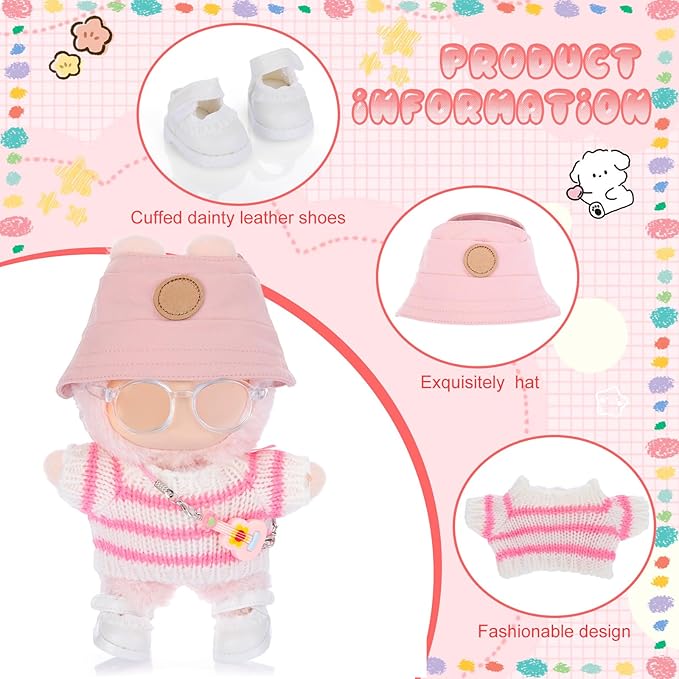 5 Pcs Stylish Set for 17cm Dolls with Fashion Hat, Guitar, Transparent Glasses, Shoes and Sweater Outfit Set, Cute Doll Style Accessories Gift (Sweet, Pink)
