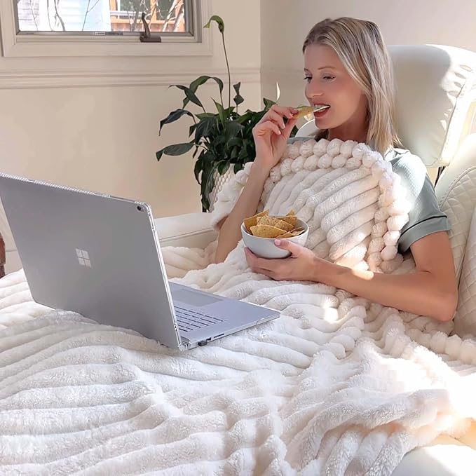 BEDELITE Ribbe Blankets Queen Size for Bed, Cream, 90"x90" | Ultra-Soft Plush Fleece, Warm Yet Lightweight, Ribbed Texture, Home Decor, Machine Washable, Giftable, All-Season Use