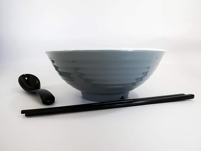 4 Ramen Bowls, 12 pieces Pho set. Gray White Asian Japanese soup. Utensil: Spoons And Chopsticks kit. Melamine. Large 37 oz. Noodles, Rice, Udon, Thai, Chinese, Korean, Wonton, Miso.