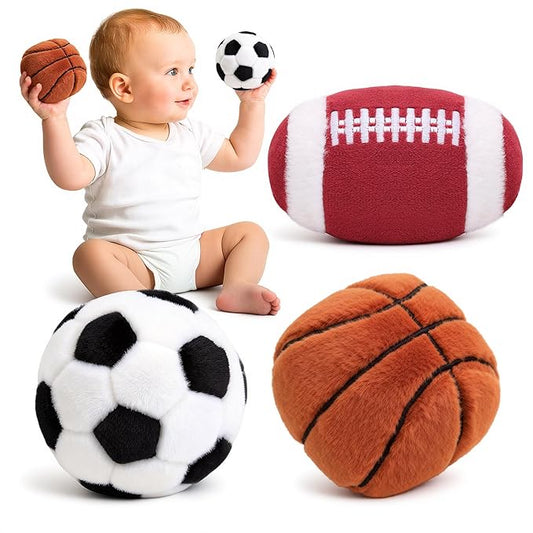 Baby Ball Toys 0-6 Months, Newborn Plush Rattle 3pcs Football Basketball Soccer Sports Set-Sensory Toys with Rattles for 0 3 6 9 12 Months Infant Boys Girls Birthday or Shower Gifts