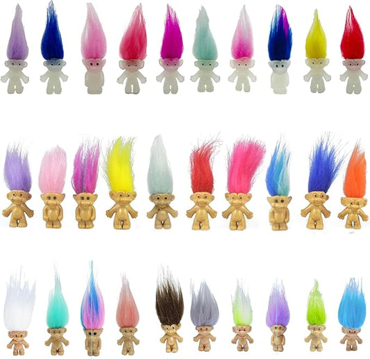 30pcs Luminous Mini Troll Dolls Glow in The Dark Vintage Action Figures Troll Dolls 1.2" Bodies, 2.3" Hair. Cake Toppers School Project, Arts and Crafts (30pcs)