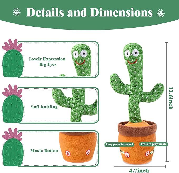 MIAODAM Dancing Cactus, Talking Cactus Baby Toy, Colorful Glowing Repeating Cactus Toy for Baby Toddler, Singing Cactus Toy 10 Pcs Songs Repeats What You Say for Baby Toy Gift Mimicking