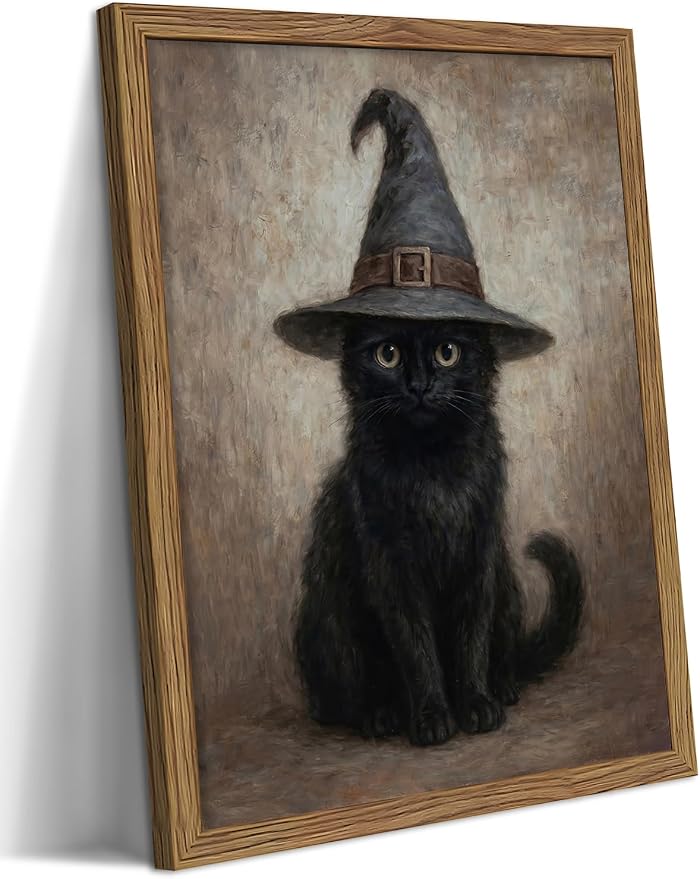 Framed Halloween Cat Wall Art, Vintage Gothic Black Cat Witch Canvas Wall Decor Paintings, Moody Dark Academia Animal Artwork Posters Prints Pictures for Bedroom Living Room 8x10 Inch