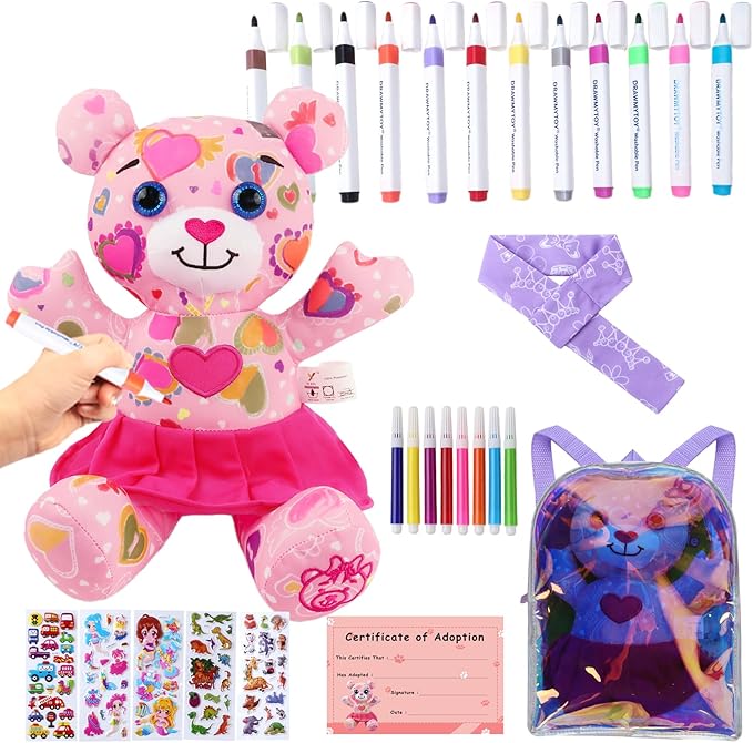Stuffed Animal Coloring Plush Toy with 20 Washable Markers Laser Holographic Backpack Road Trip Car Game Writing Painting Set for Girls Doodle Dolls Kids Ages 3-6 Birthday(Pink Bear)
