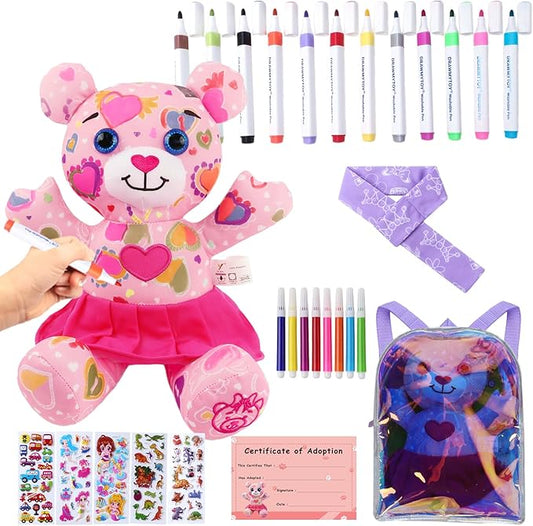 Stuffed Animal Coloring Plush Toy with 20 Washable Markers Laser Holographic Backpack Road Trip Car Game Writing Painting Set for Girls Doodle Dolls Kids Ages 3-6 Birthday(Pink Bear)