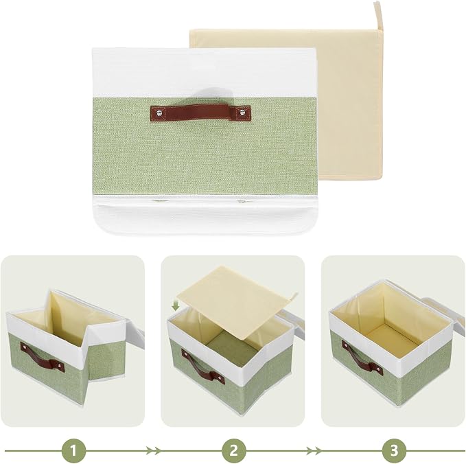 ANMINY Fabric Storage Box Bins with Lids, Green White, 15"x10"x10" | Keepsake Memory Storage, Cotton Linen, PP Board Reinforced, Washable, PU Handles, Foldable & Stackable, Decorative, Large
