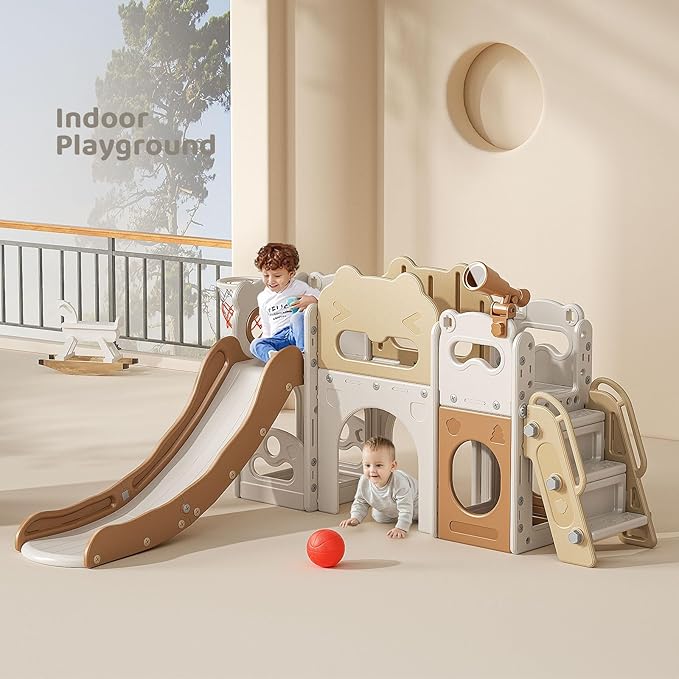 Toddler Slide Indoor, 8 in 1 Indoor Playground for Kids 1-3 Toddler Playset with Climber, Basketball Hoop, Tunnel and Storage Space Kids Outdoor Slide Playset (Coffee)