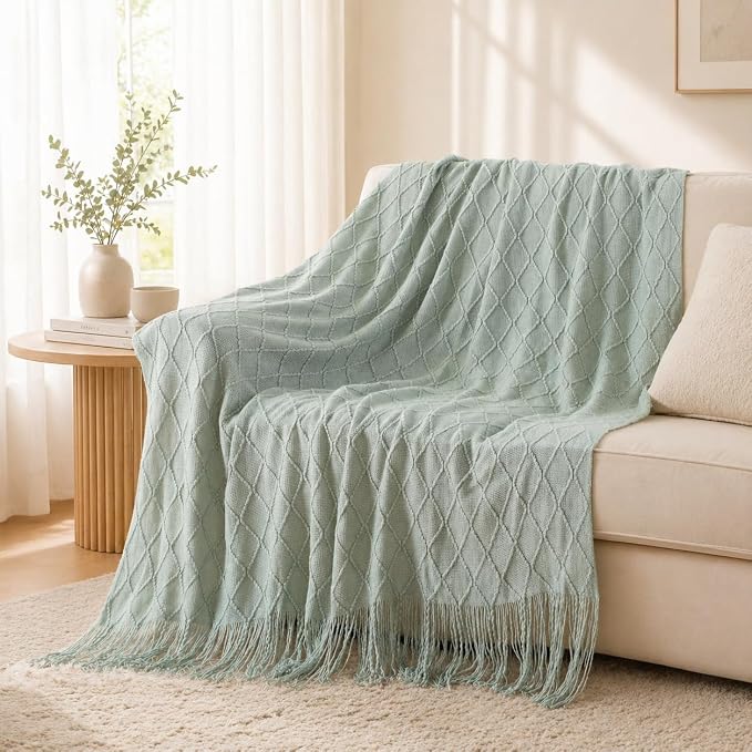BATTILO HOME Sage Green Throw Blanket for Couch, Boho Bed Throws for Home Decor, Light Blue Throw Blanket for Sofa Living Room, 50"x60"
