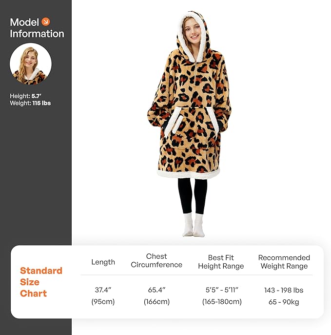 Giggling Getup Wearable Blanket Hoodie for Adults Gifts for Teen Girls Sister Women Sherpa Fleece Printed Hooded Blanket Sweatshirt Warm Cozy with Pocket & Sleeves Brown Leopard