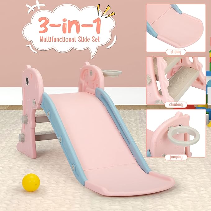 Nyeekoy 3 in 1 Toddler Slide, Kids Slide Climber Playset with Basketball Hoop, Indoor and Outdoor Playground for Kids, Folding Design Freestanding Baby Slide, Easy Assembly