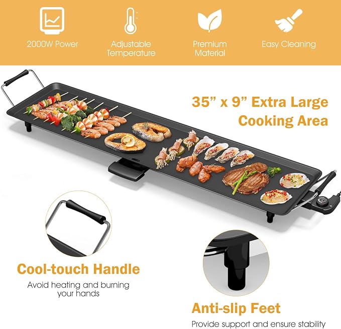 Costzon 35" Electric Griddle, 2000W Nonstick Extra Large Griddle, Long Table Top Grill w/5-Level Temp & Drip Tray, Indoor Outdoor Cooking Plates Teppanyaki Grill for Pancake, BBQ, Camping Gatherings
