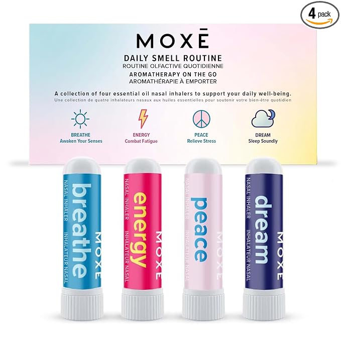 MOXE Daily Aromatherapy Nasal Inhalers Set, All Day Aromatherapy, Therapeutic Grade Essential Oils, Easy & Safe, Leakproof, Portable, Clear Congestion, Improve Energy, Naturally Calming & Relaxing