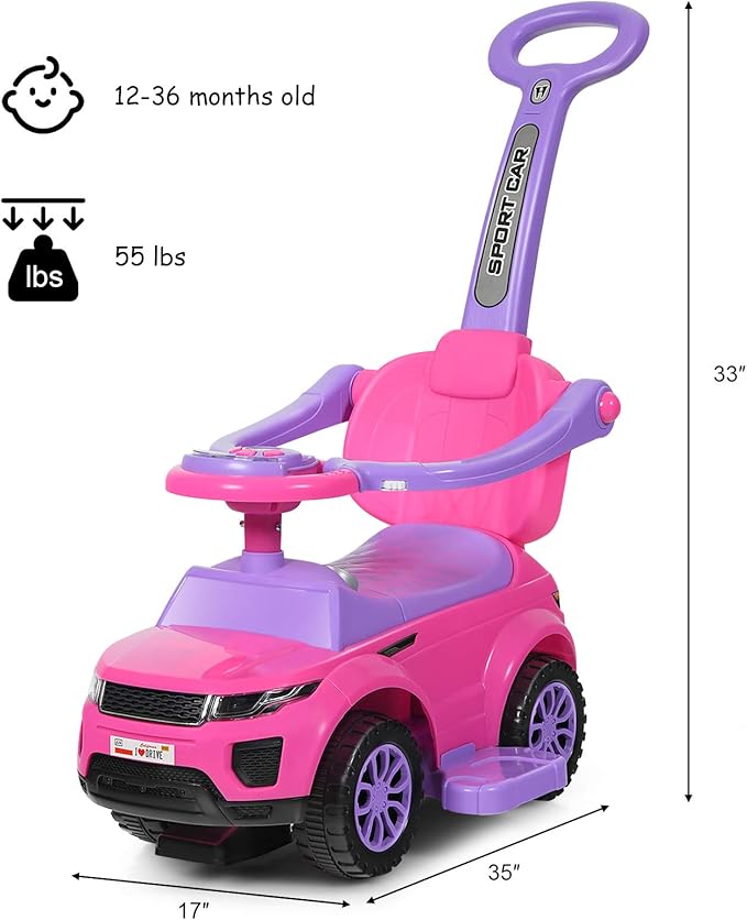 GLACER Push Cars for Toddlers 1-3, 3-in-1 Kids Sliding Car with Detachable Guardrail, Horn, Music, Lights, Storage Box and Anti-Roll Design, Ride on Push Car for Boys Girls (Pink)