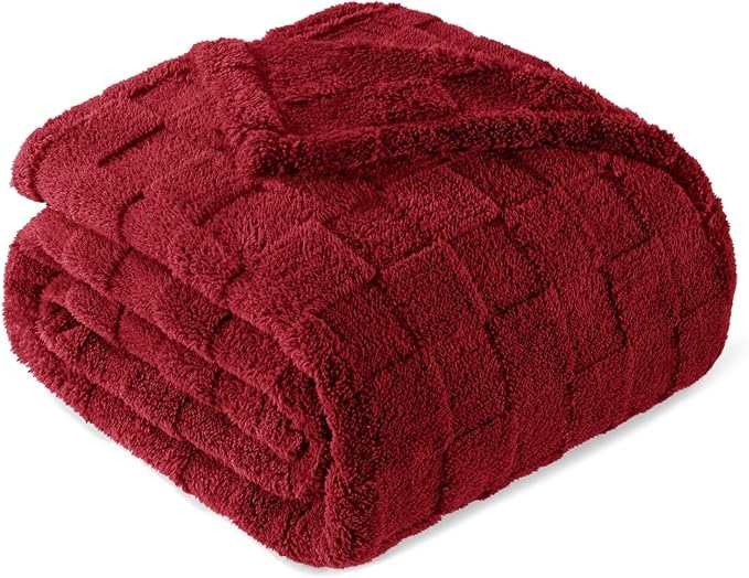 Exclusivo Mezcla 3D Checkered Fleece King Blanket for Bed, Burgundy | Super Soft and Cozy Fluffy Blanket, Lightweigh and Breathable Blanket for Living Room, Bedroom, Decor, All Season, 104"x90"