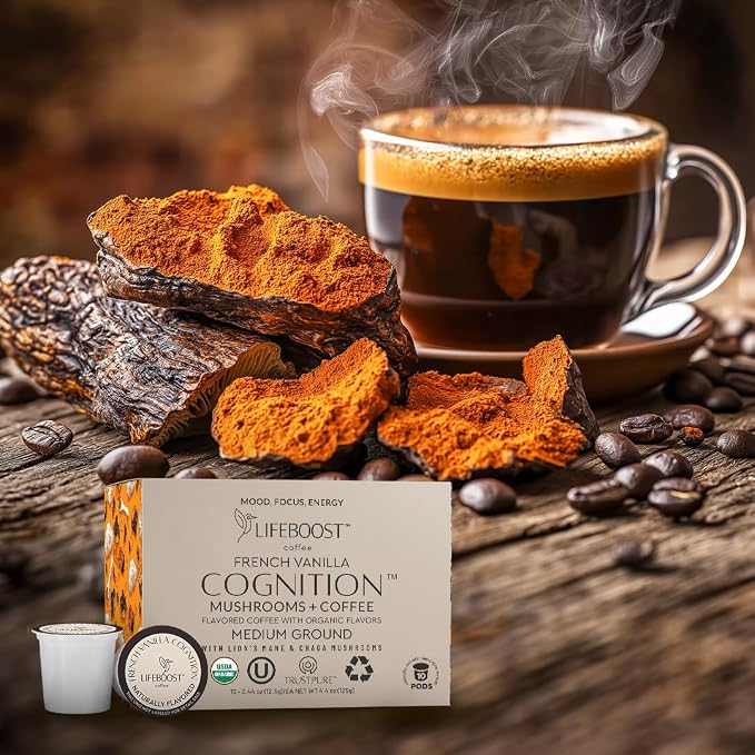 Lifeboost French Vanilla Cognition Mushroom Coffee Pods - Low Acid Organic K-Cups with Lion’s Mane & Chaga Nootropic Mushrooms for Focus, Energy & Immune Support - 10 Count