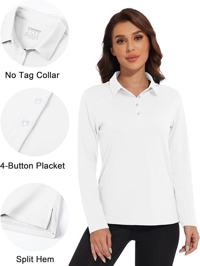 MAGCOMSEN Long Sleeve Polo Shirts for Women Golf Tops with Collar Work | UPF 50+ Sun Protection, 4 Buttons, Moisture Wicking, Breathable, 4-Way Stretch, Collared, Quick Dry, Active, Casual, Tennis