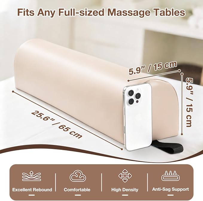 Noverlife 3/4 Round Knee Bolster for Massage Table, 26x6x6 in Massage Pillow for Legs w/Strap Handle, PU Leather Massage Table Leg Bolster Massage Therapy Bolster Pillow for Back Pain Relief - Beige