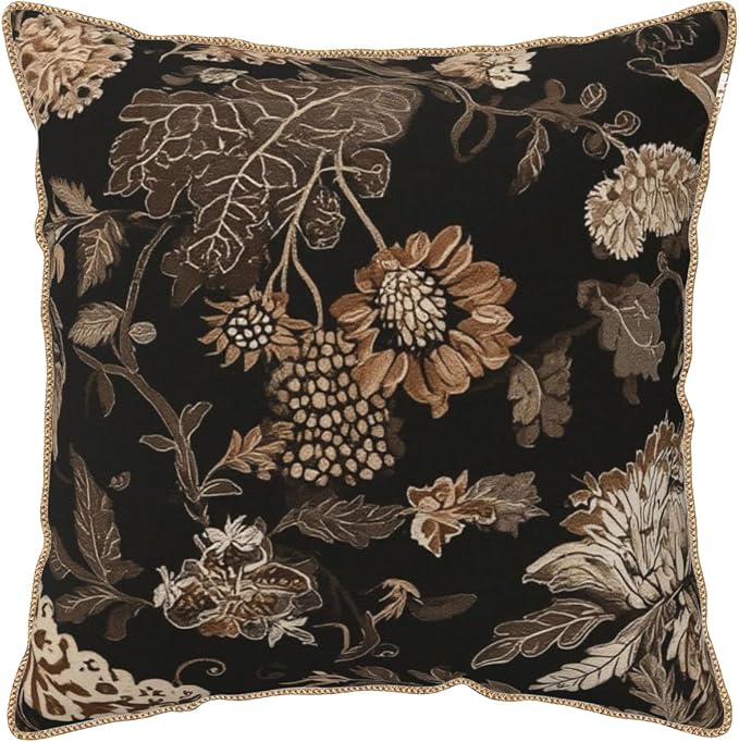 Vintage Black Floral Leaves Velvet Pillow Covers 18x18 Inch Brown Beige Tan Boho Flowers Throw Pillows For Couch Cushion Covers Pillowcase Farmhouse Bohemian Pillow Cases for Sofa Bed Bedroom