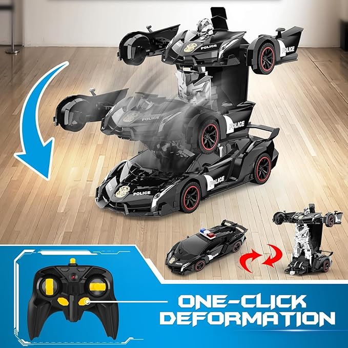 Remote Control Car - Transforming Toy Car Robot, One-Button Deformation with Flashing Lights 2.4GHz 1:18 Scale Transforming Police Car with 360-Degree Rotation Toys for Boys and Girls