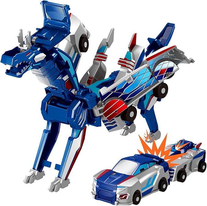 Collision Transforming Dinosaur Car Toy, 2 Magnetic Cars Transform into Dinosaur Toys for Kids Toddler Fun Deformation Robot Dino Car Christmas Birthday Gift Toys for Boys Girls(Blue Dragon)