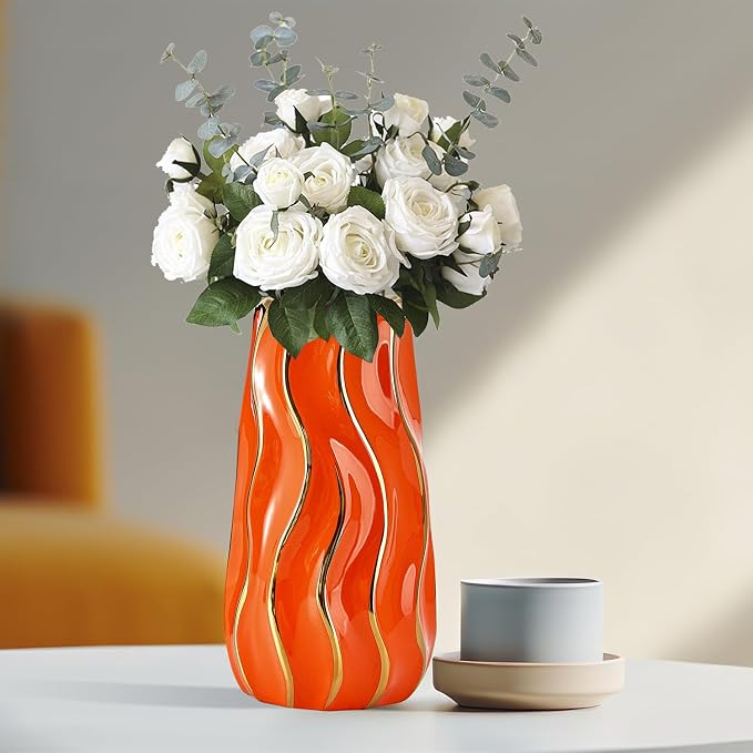 Ceramic Vase, Orange Vase for Home Decor,Decorative Flower Vase, Vertical Stripe Ceramic Vases for Home Décor, Bedroom, Office, Living Room, Bathroom, Tabletop Decor, Centerpiece (Orange)