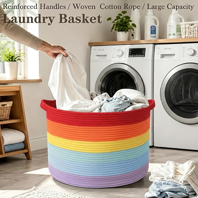115L Large Blanket Basket,Rope Woven Laundry Basket-Rainbow | Collapsible, reinforced handles, nursery storage bin organizes clothes, toys and pillows for living room, bedroom bathroom
