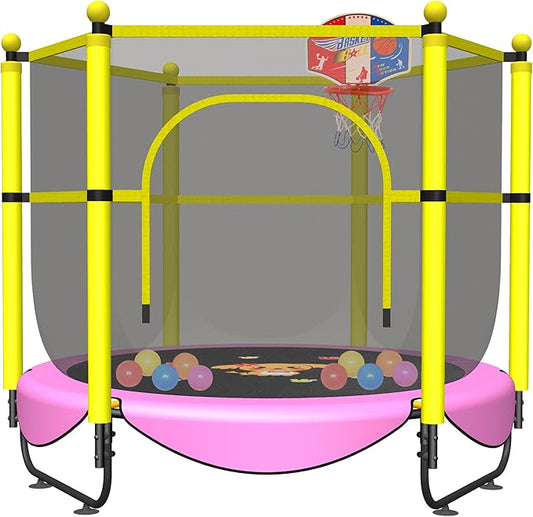 VGMiu 60" Trampoline for Kids, 5 FT Indoor & Outdoor Toddler Baby Trampoline with Basketball Hoop, Safety Enclosure, Birthday Gifts for Kids, Gifts for Boy and Girl, Age 3-8