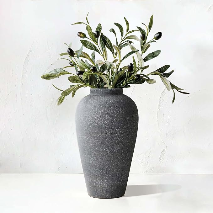 Black Ceramic Vase 9.2 inch, Large Farmhouse Table Vases, Tall Rustic Decorative Vases for Home Decor, Living Room Coffee Dining Shelf Mantel Decoration, Gray Black