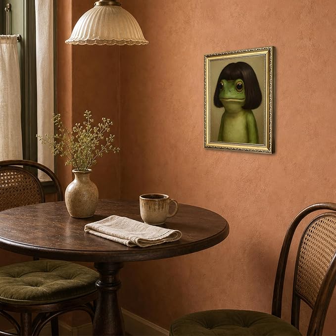 Gold Framed Funny Frog Wall Art, Whimsical Green Frog Wall Decor Painting Cute Animal Poster Canvas Prints Artwork for Living Room Bedroom Bathroom 12x16 inch