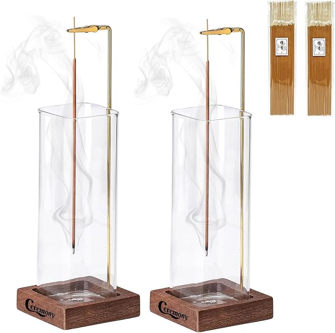 Ceremony Incense Holder,2 Pack Wood Incense Holder for Sticks with Glass Ash Catcher Ceremony Incense Holder