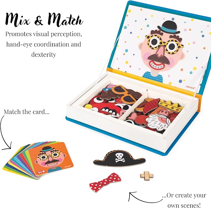 Janod - Magnetibook 83 Pc Magnetic Boy Crazy Face Dress Up Game - Decorating Fridge with Magnetic Letters - Enhances Creativity and Learning - Boosts Self-Confidence - Portable and Easy Storage