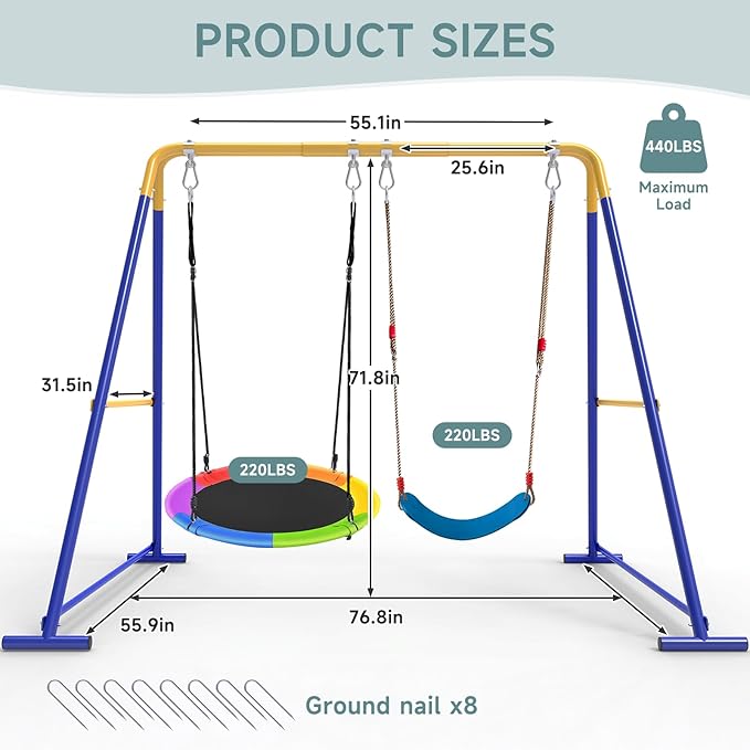 2-in-1 Swing Set for Backyard for Kids, with 1 Platform Swing, 1 Belt Swing, 440lbs Metal Swing Set for Toddler, Heavy-Duty Swing Stand w/8 Ground Stakes, Outdoor Swingset for Kids Adults (Blue)