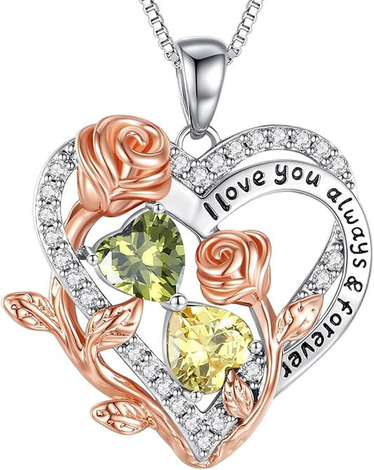 I Love You Birthstone Necklace, 925 Sterling Silver Heart Pendant with CZ Diamond Stones, Birthday Gifts for Women, Romantic Gift for Wife, Girlfriend, Her, Anniversary, Valentine's Day, Christmas