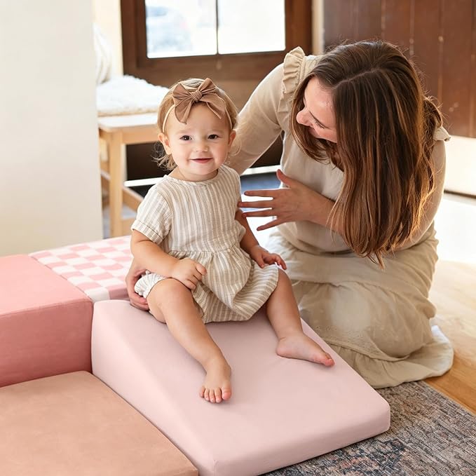 Tiny Land Soft Foam Climbing Blocks for Toddlers, 6-Piece Baby Foam Climbing Blocks, Indoor Playground Climbing Toys, Ideal Gift for Kids Activity Crawling and Sliding Foam Play Set (Pink Pastel)