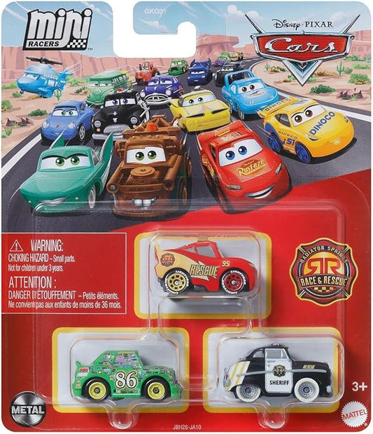 Mattel Cars Mini Racers Race and Rescue Diecast Vehicle Set, 3 Pack (Lightning McQueen Chick Hicks and Sheriff)