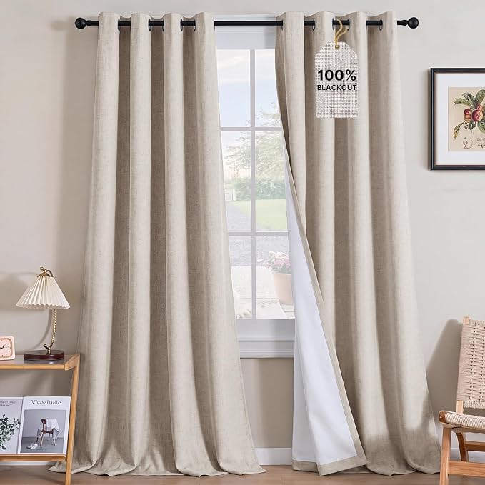 H.VERSAILTEX Linen Curtains 100% Blackout Curtains for Bedroom 120 inch Long Full Light Blocking Nature Linen Blended Window Curtains for Living Room Nickel Grommet (2 Panels, Heathered Natural)