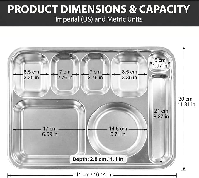Korean Stainless Steel XL Divided Plates with Cutlery Slot for Adults 2Pack | Extra large BPA-free 8-compartment tray for camping Premium 304 electro-polished stainless steel with no black residue