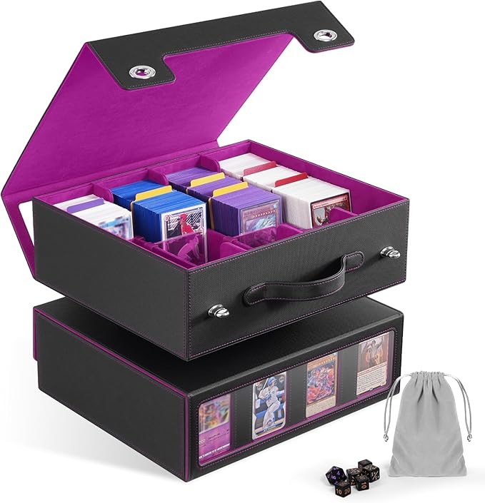 ZLCA MTG Storage Box 4-Row with Handle, MTG Deck Box Holds 3000+ Trading Cards with Portable Handle Dice Tray, Commander Storage Card Case for Top Loaders TCG PTCG Sport Card(Black&Purple)