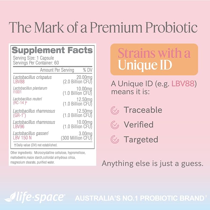 Life-Space Probiotic for Women, 2 Month Serving, Support Healthy Vaginal Microflora & Comfort, Daily Supplement for Women, pH Balance with Lactobacillus rhamnosus, 6.3 Billion CFU & 6 Strains, 60 ct